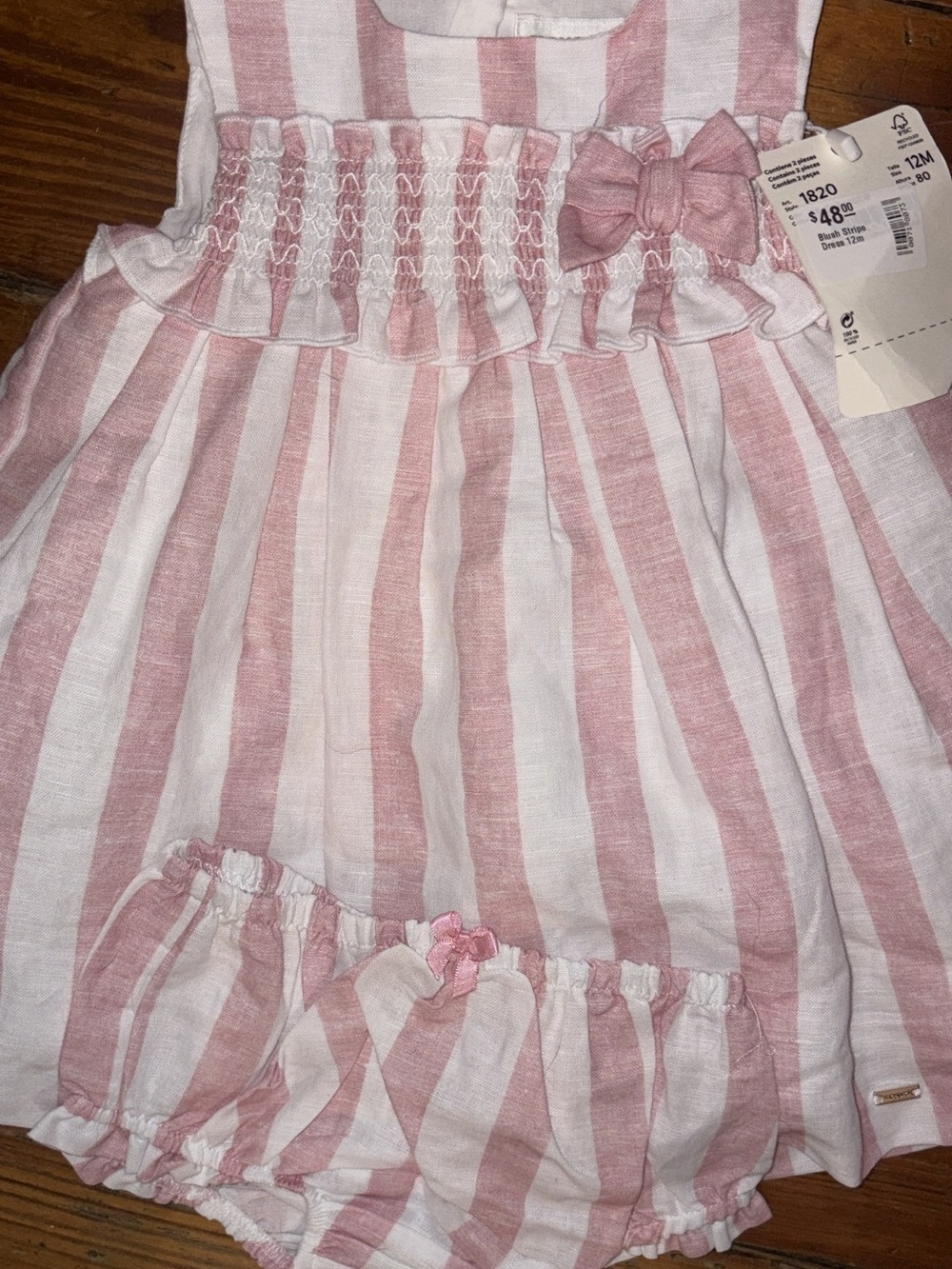 Mayoral 18m Pink and White Striped Baby Dress with Bloomers